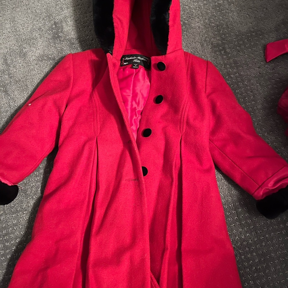 Red Hooded Coat with Black Accents